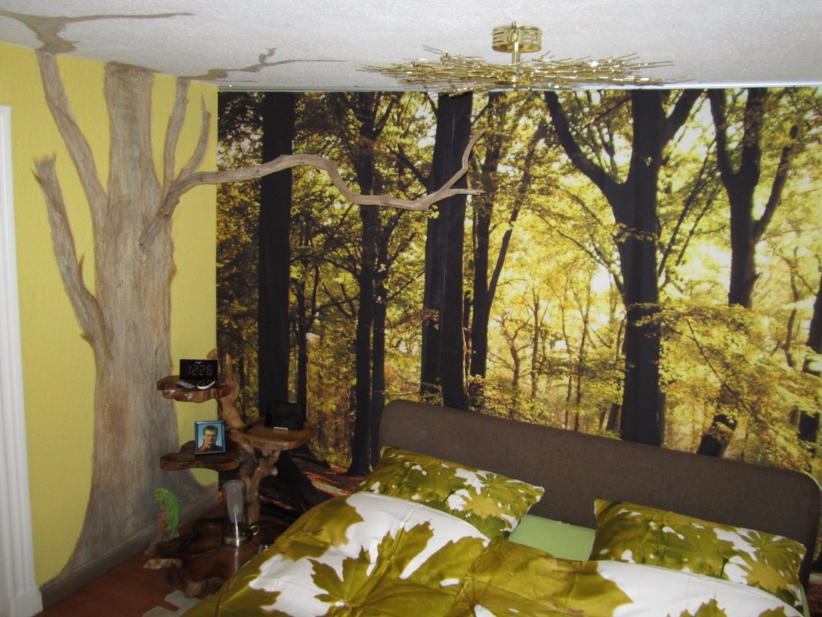 Schiebegardine mit Waldmotiv im Schlafzimmer - Foto Schiebegardine